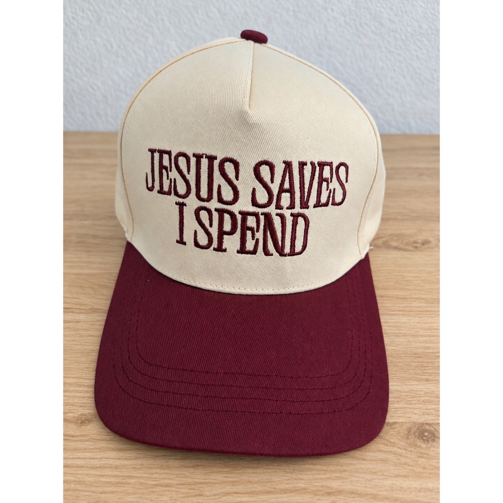 Jesus Saves I Spend Funny Trucker Hat Cream Burgundy Baseball Cap Adjustable